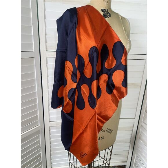 Vintage 26” Square Geometric Abstract Christian Orange Black Satin Scarf - Picture 1 of 6